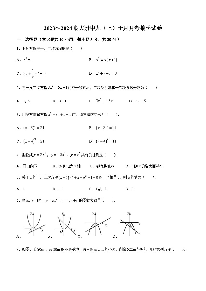 湖北省武汉市湖北大学附属中学2023-2024 学年九年级上学期月考数学试题(无答案)01