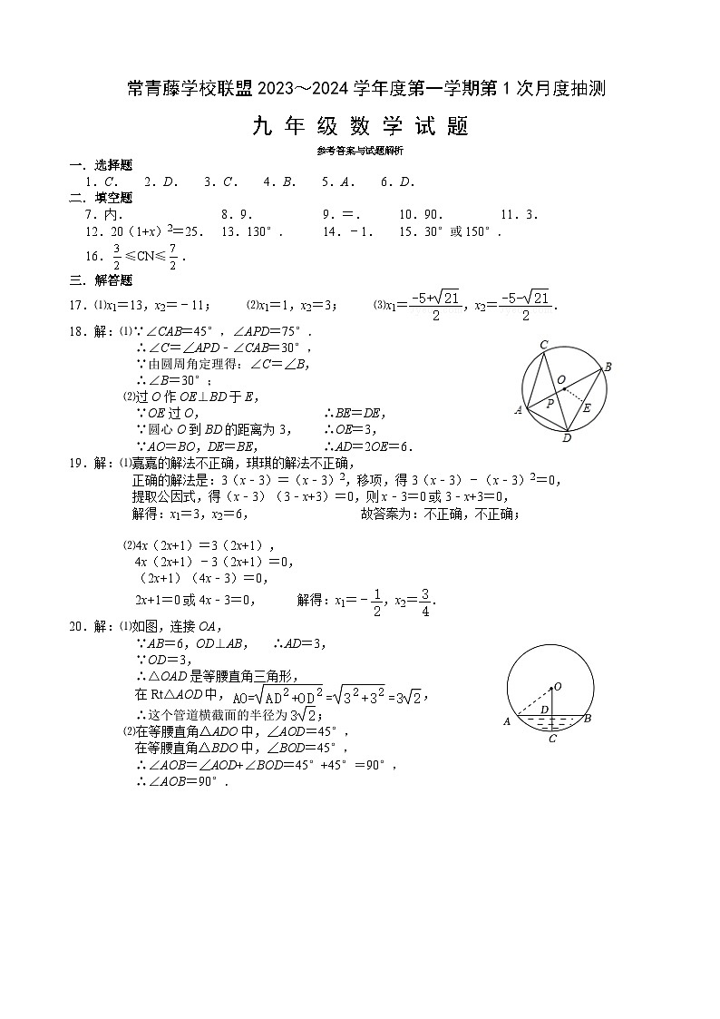 江苏省兴化市常青藤学校联盟2023-2024学年九年级上学期第一次月度抽测数学试卷（月考）01