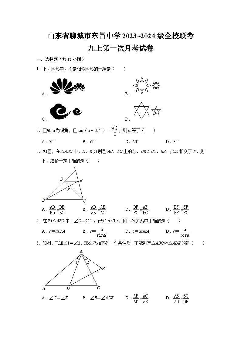 山东省聊城市东昌中学2023-2024学年九年级上学期数学第一次月考试题01