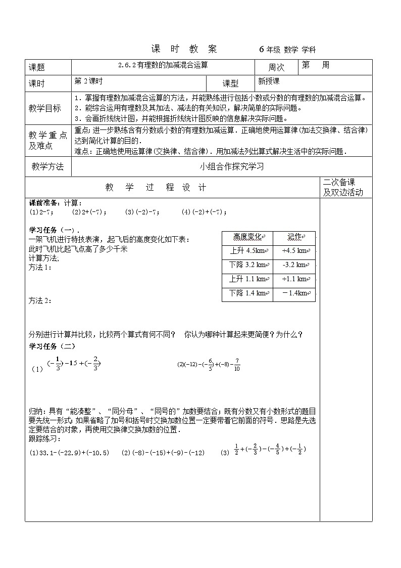 2023-2024学年鲁教版初中六年级上册数学---2.6.2有理数加减混合运算    教案第1页