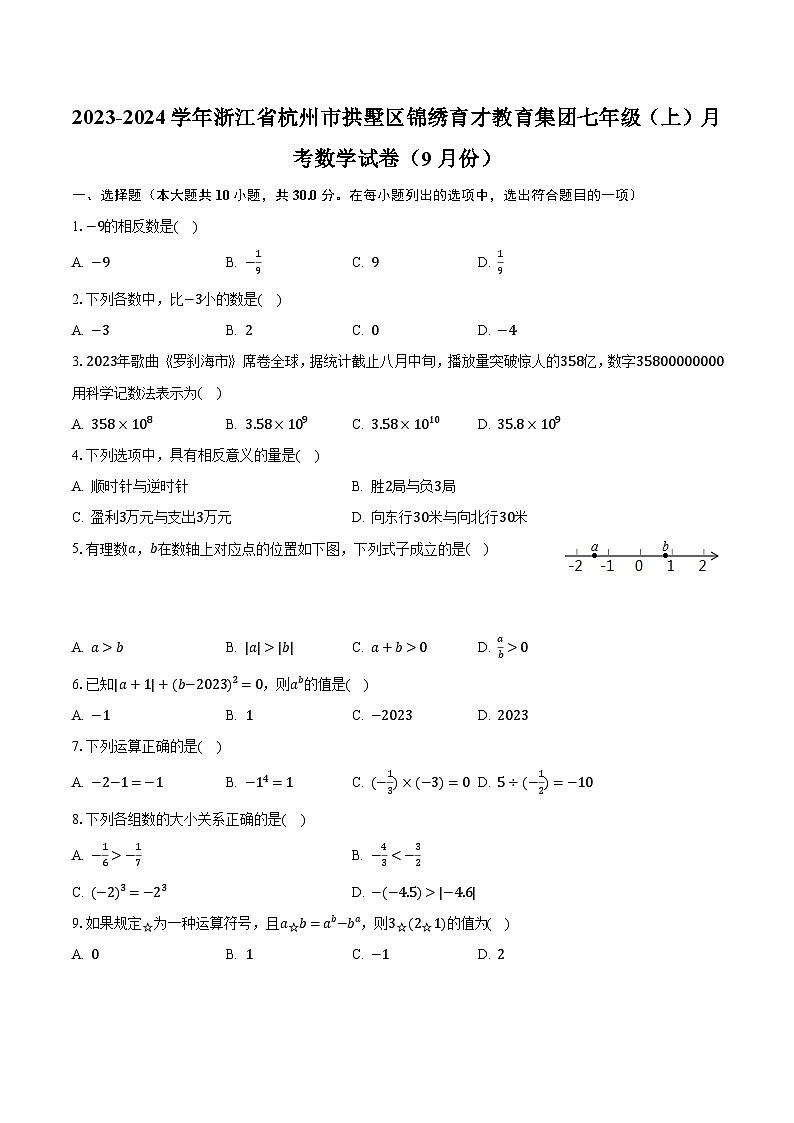 2023-2024学年浙江省杭州市拱墅区锦绣育才教育集团七年级（上）月考数学试卷（9月份）（含解析）01