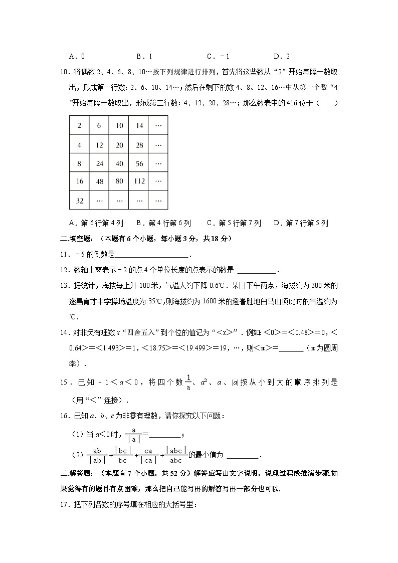 2023-2024学年浙江省杭州市拱墅区锦绣育才教育集团七年级（上）月考数学试卷（9月份）（含解析）02