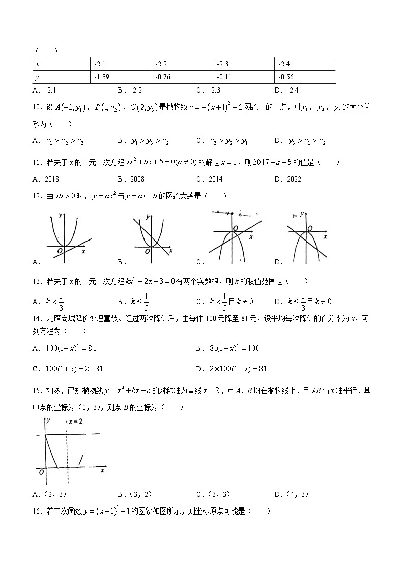 河北省廊坊市安次区第十中学2023-2024学年九年级上学期月考数学试题(无答案)02
