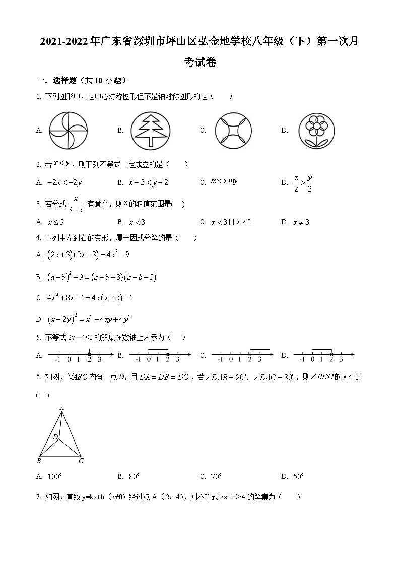 精品解析：广东省深圳市坪山区弘金地学校2021-2022年八年级下学期第一次月考数学试卷（原卷版）第1页
