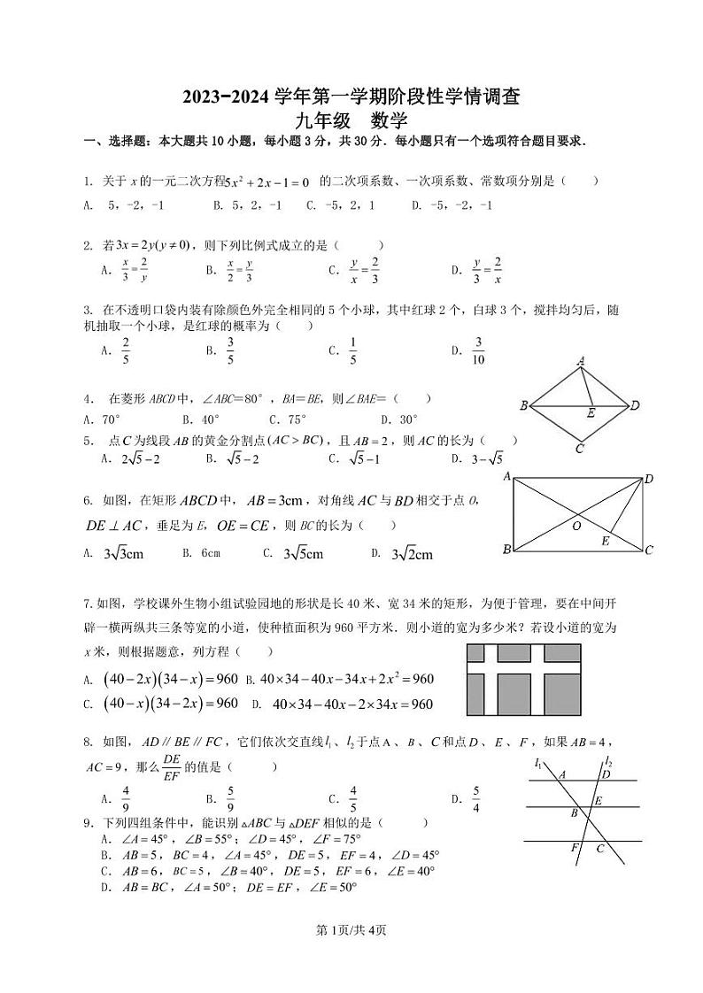 广东省 深圳市 宝安区深圳市美中学校2023-2024学年九年级上学期月考数学试题01