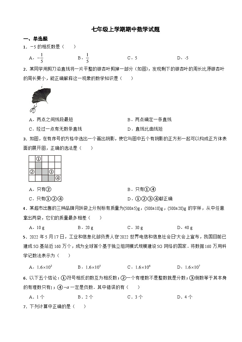 山东省聊城市2023年七年级上学期期中数学试卷（附答案）第1页
