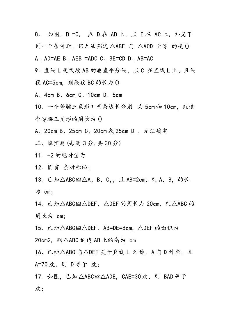 八年级上学期数学期中考试试题第2页