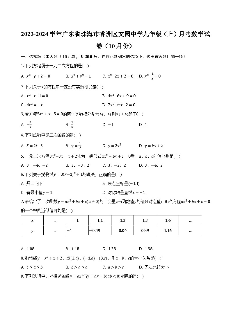 2023-2024学年广东省珠海市香洲区文园中学九年级（上）月考数学试卷（10月份）（含解析）01
