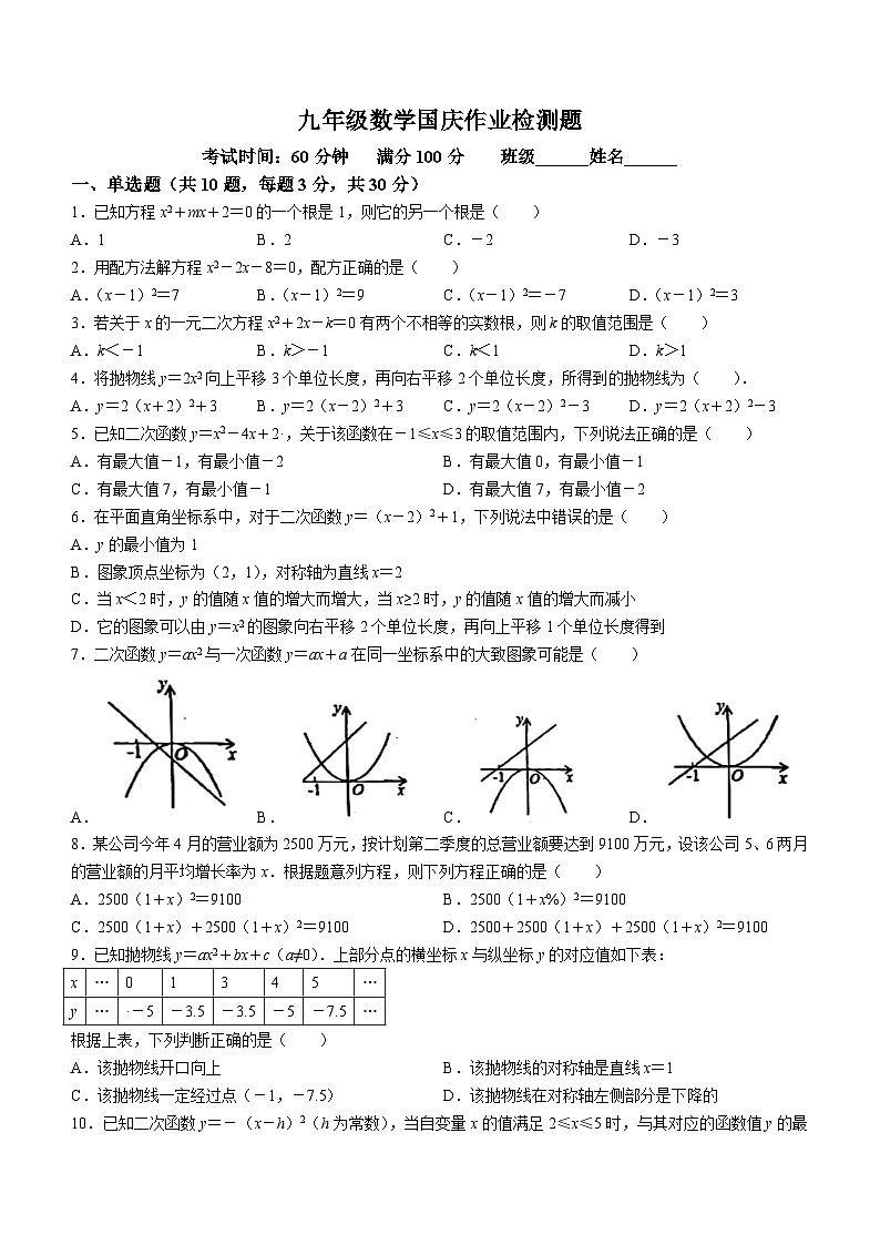 山东省临沂市兰山区第三十四中学2023-2024学年九年级上学期10月月考数学试题(无答案)第1页