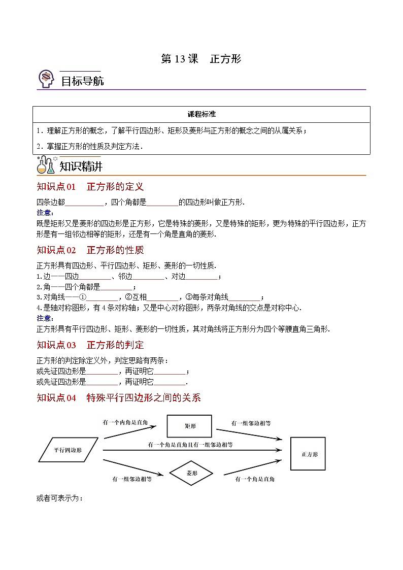 人教版数学八年级下册同步精品讲义第13课  正方形（原卷版）第1页