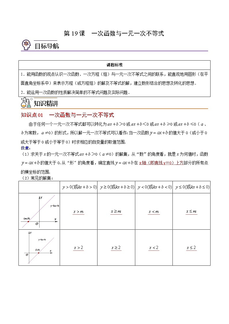 人教版数学八年级下册同步精品讲义第19课  一次函数与一元一次不等式（教师版）第1页