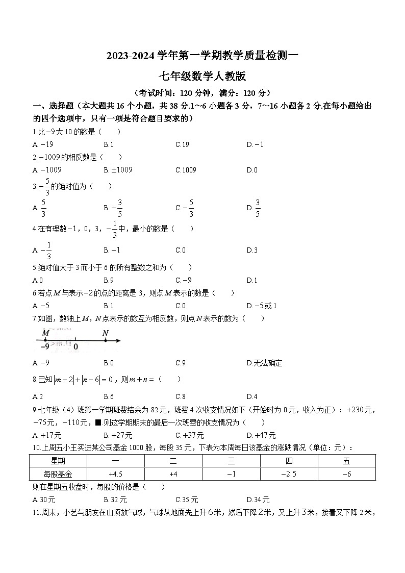 河北省邢台市威县第三中学2023-2024学年七年级上学期第一次月考数学试题第1页