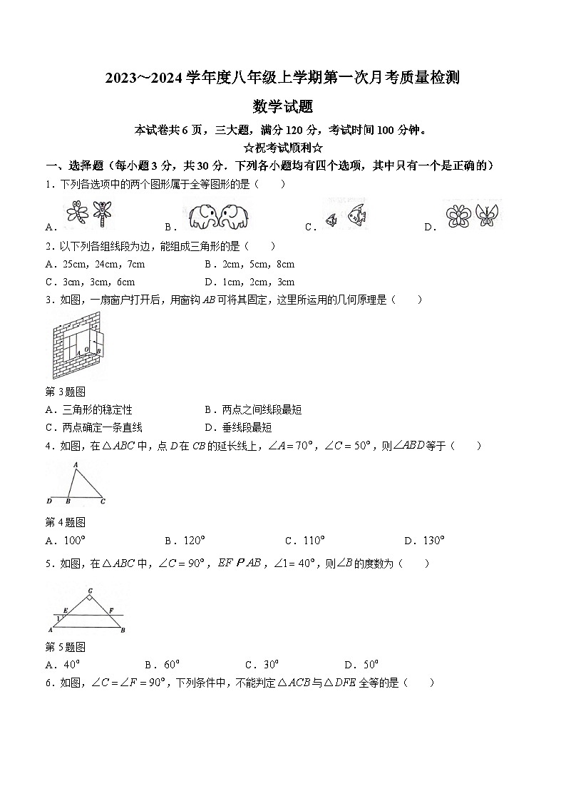 河南省信阳市平桥区2023-2024学年八年级上学期10月月考数学试题01