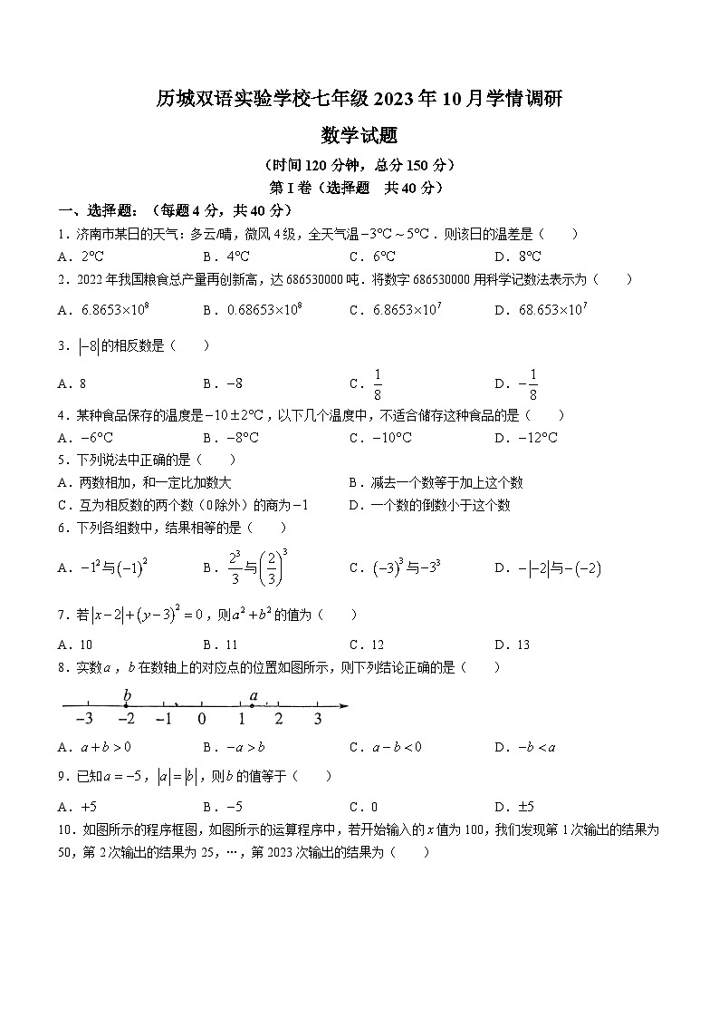 山东省济南市历城双语实验学校2023-2024学年七年级上学期10月考数学试题(无答案)第1页
