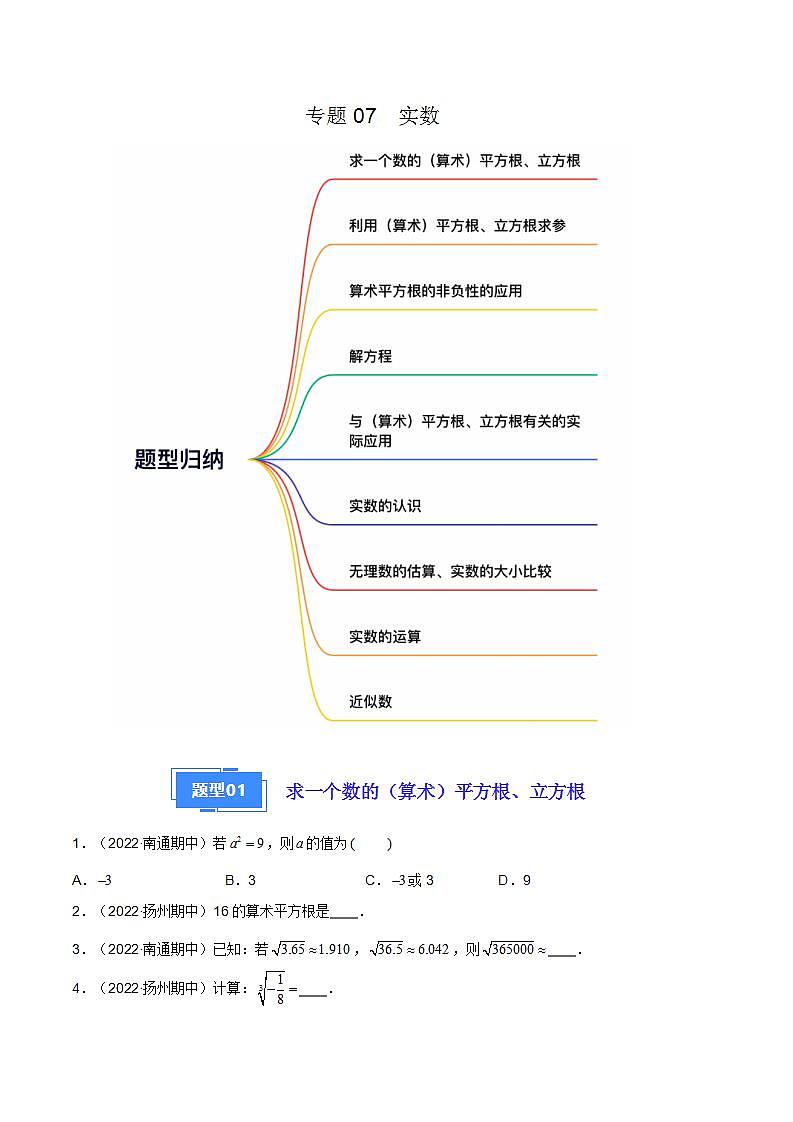 【期中真题】（苏科版）2023-2024学年八年级数学上册 期中真题分类专题汇编  专题07 实数（九种题型）（原卷版）第1页