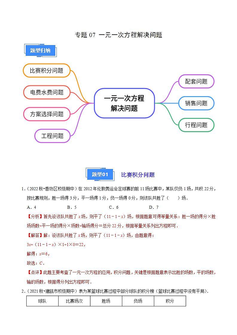 【期中真题】（苏科版）2023-2024学年七年级数学上学期期中真题分类专题汇编 专题07一元一次方程解决问题（7种题型）.zip01