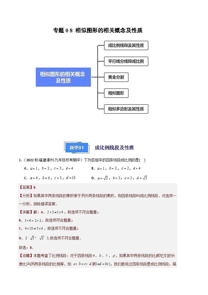【期中真题】2023-2024学年九年级数学上册 期中真题分类专题汇编 专题08 相似图形的相关概念及性质（五大题型）.zip01