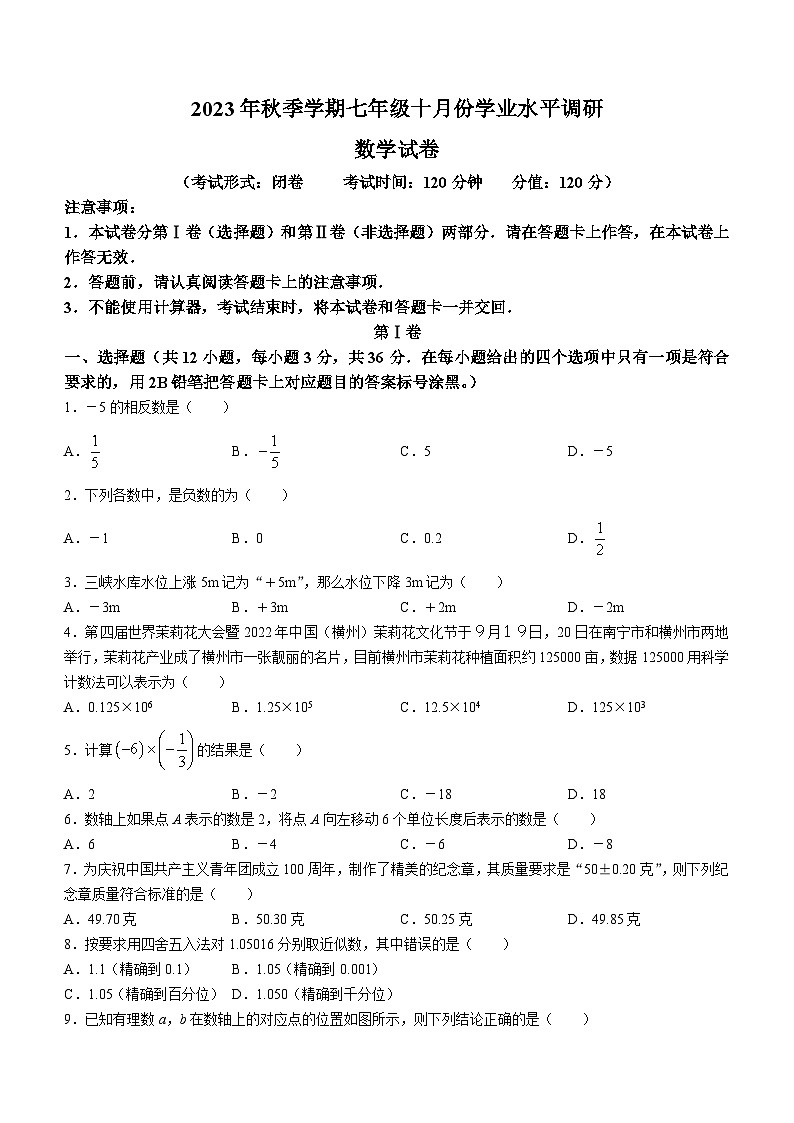 广西南宁市西乡塘区北湖北路学校2023-2024学年七年级上学期10月月考数学试题(无答案)01