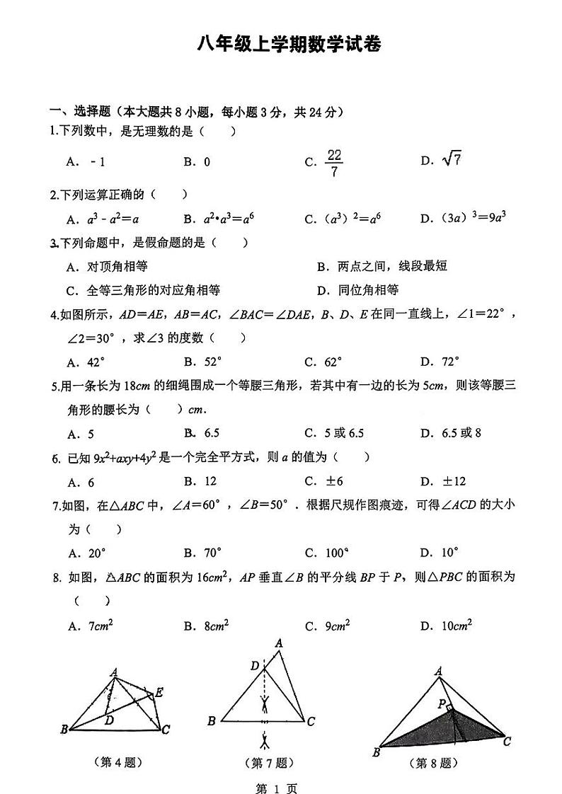 吉林省长春五十二中赫行实验学校2023-2024学年八年级上学期期中数学试题01