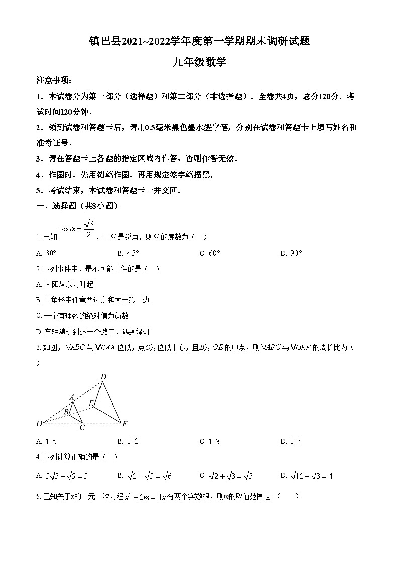 精品解析：陕西省汉中市镇巴县2021-2022学年九年级上学期期末考试数学试卷01