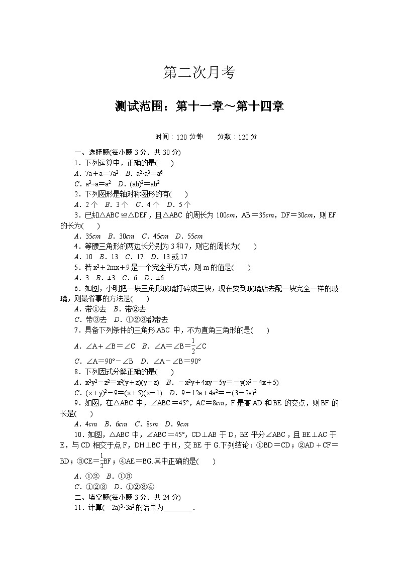 人教版八年级数学上册第二次月考模拟卷第1页
