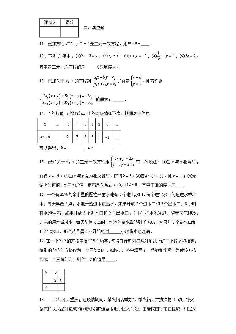 人教版数学七年级下册【单元测试】第八章二元一次方程组（B卷）含解析答案03