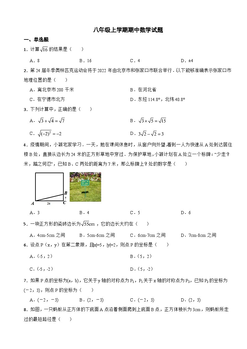 山东省枣庄市2023年八年级上学期期中数学试题（附答案）第1页