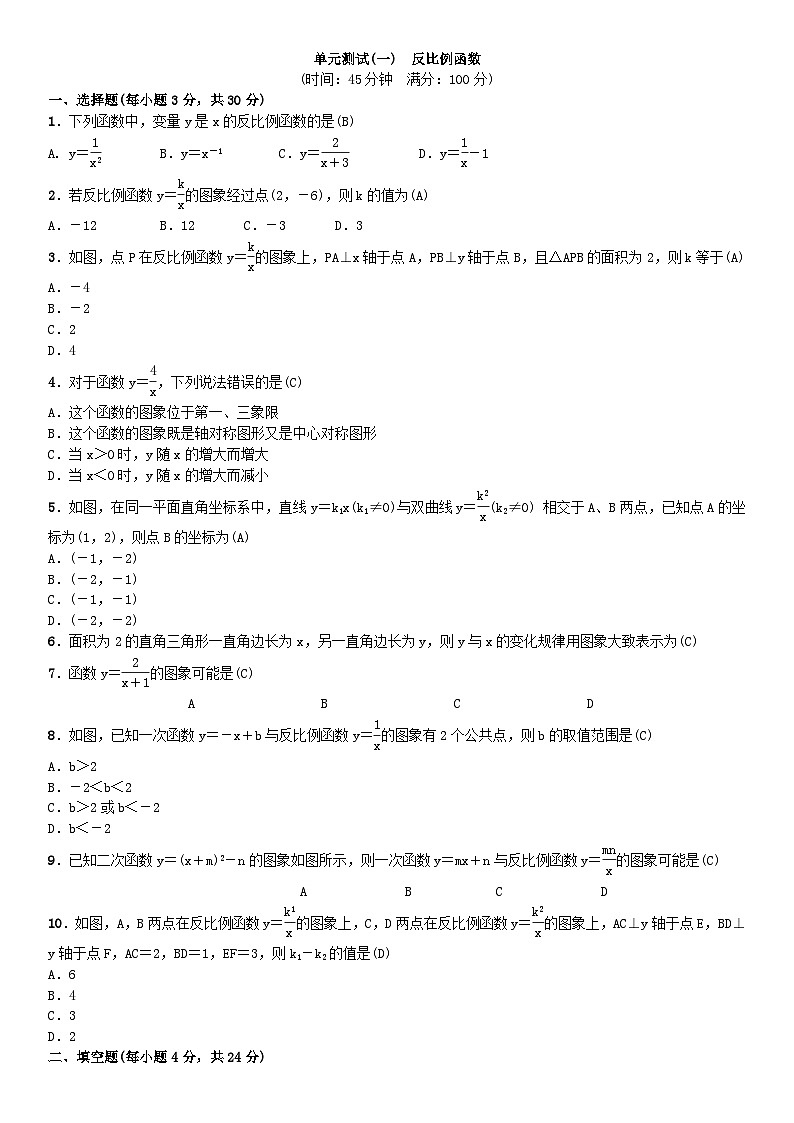 人教版九年级数学下册单元测试(一)　反比例函数第1页