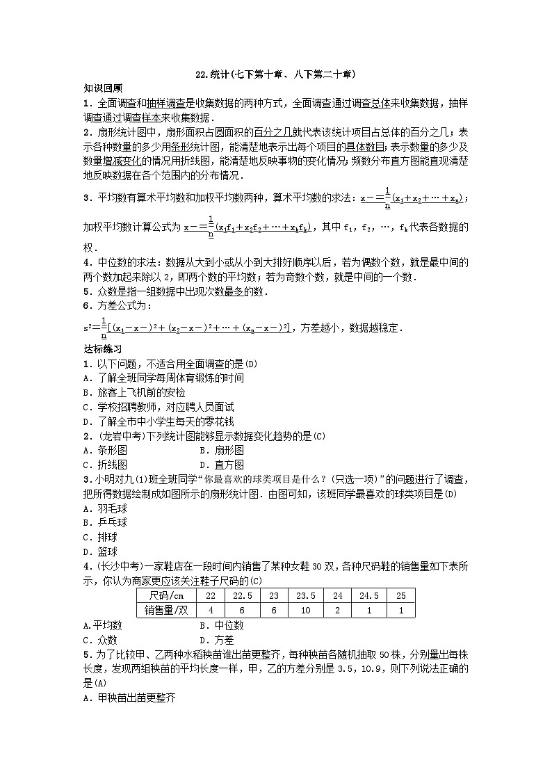 人教版九年级数学下册练习：自主复习22.统计第1页