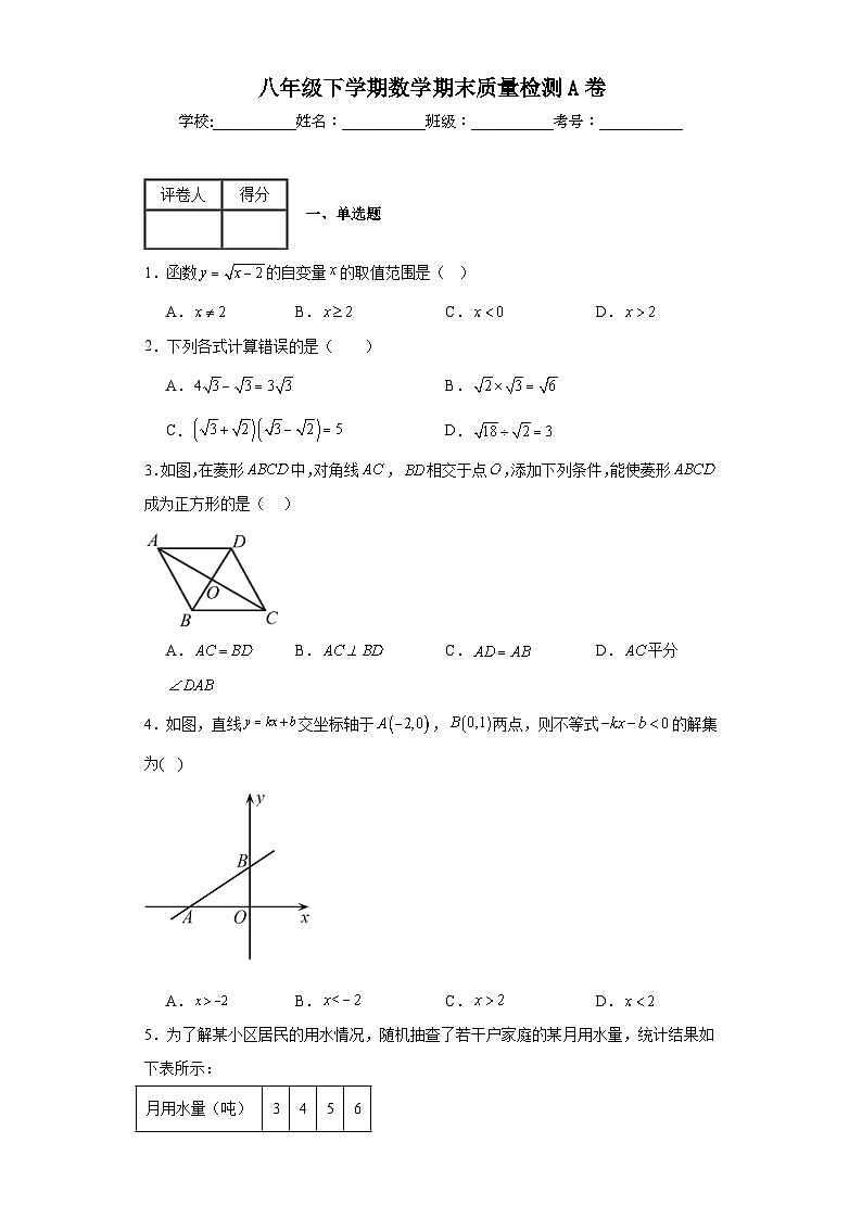 人教版数学八年级下学期数学期末质量检测A卷含解析答案01