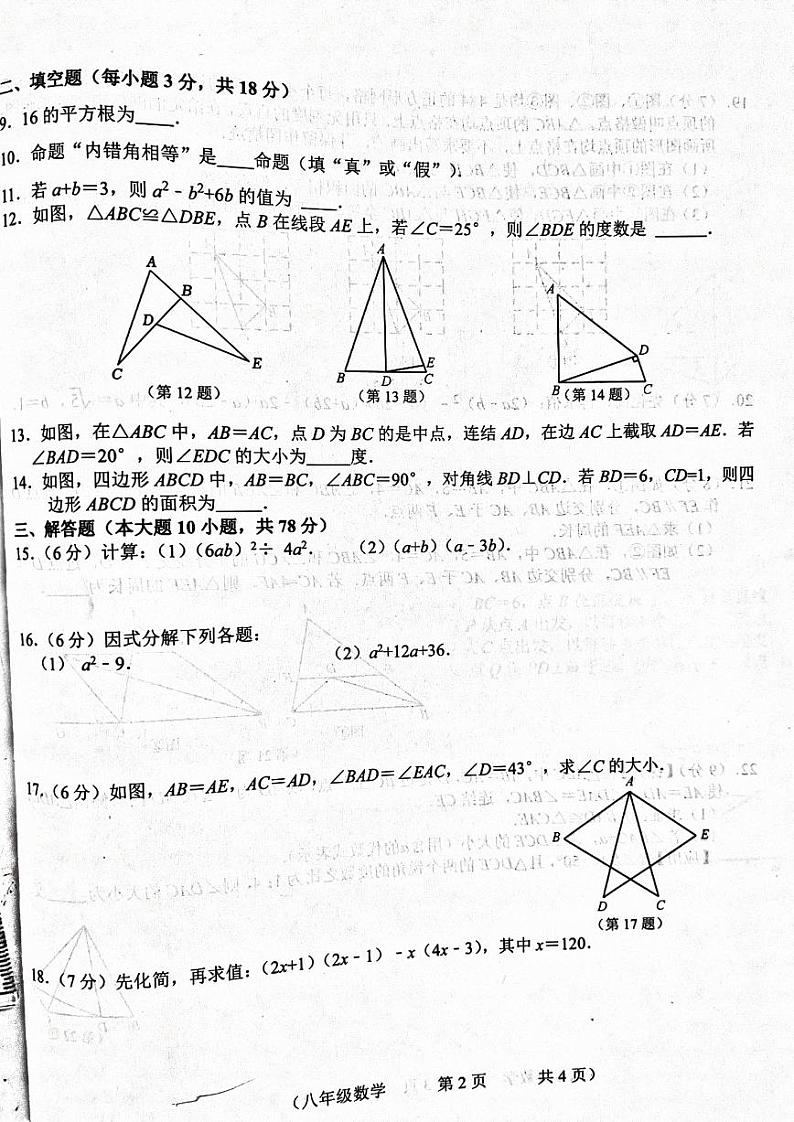 吉林省长春市榆树市慧望初级中学2023-2024学年八年级上学期11月期中数学试题02