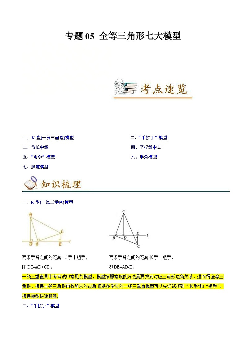 北师大版数学八年级下册考点梳理+精讲精练专题05 全等三角形七大模型（原卷版）第1页