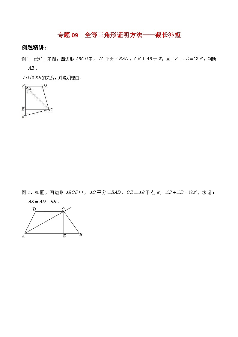 北师大版数学七年级下册期末复习考点串讲+题型专训专题09 全等三角形证明方法：截长补短（2份打包，原卷版+含解析）01