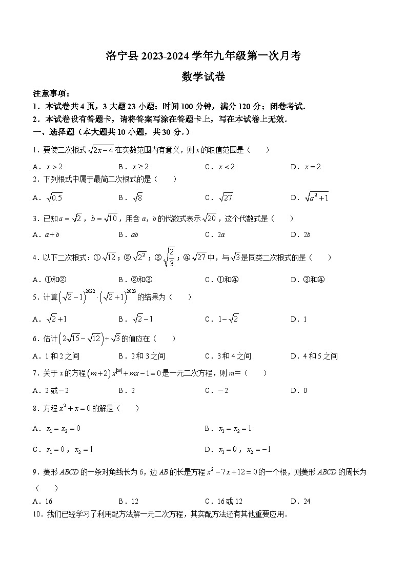 河南省洛阳市洛宁县2023-2024学年九年级上学期10月月考数学试题01