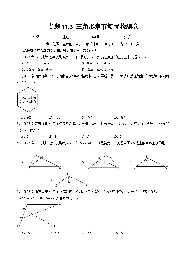 专题11.3 三角形章节培优检测卷-【学霸满分】2023-2024学年八年级数学上册重难点专题提优训练（人教版）01