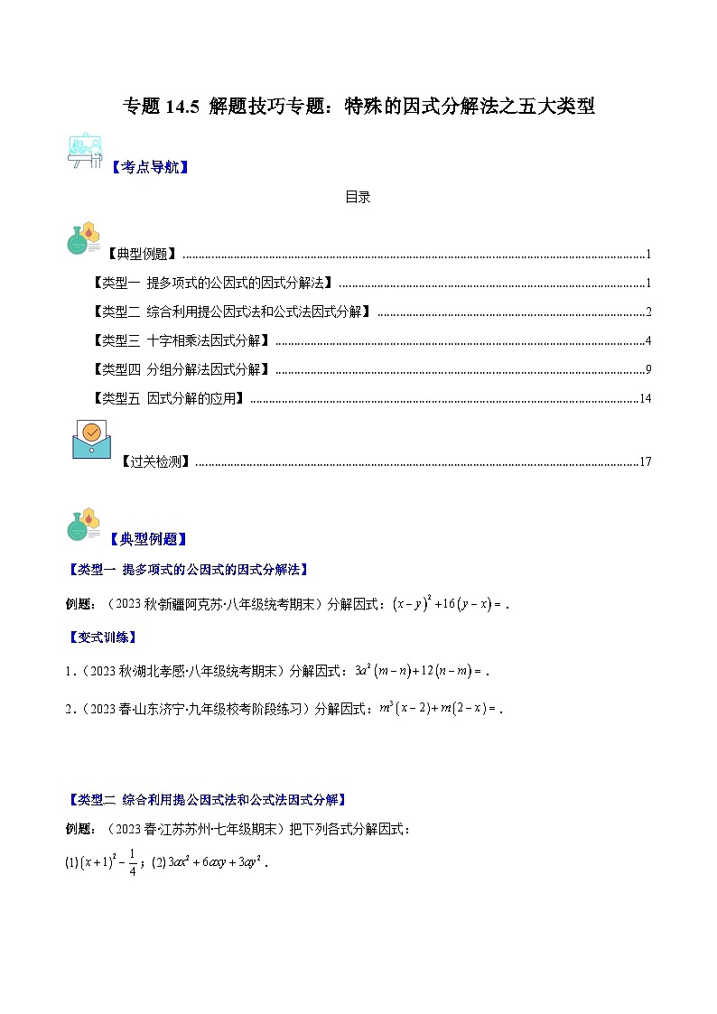 专题14.5 解题技巧专题：特殊的因式分解法之五大类型（原卷版）第1页