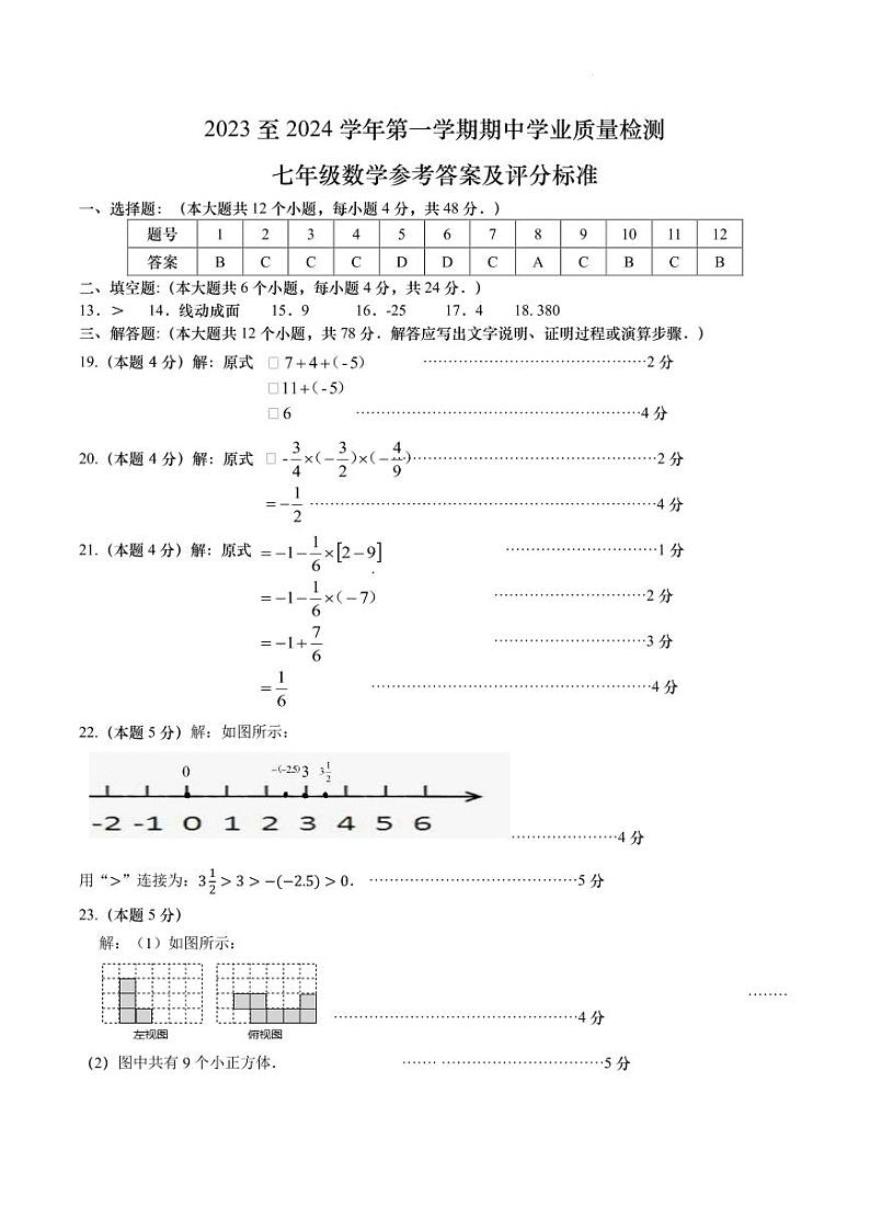 2023年11月山东省济南市高新区七年级第一学期期中检测数学卷01