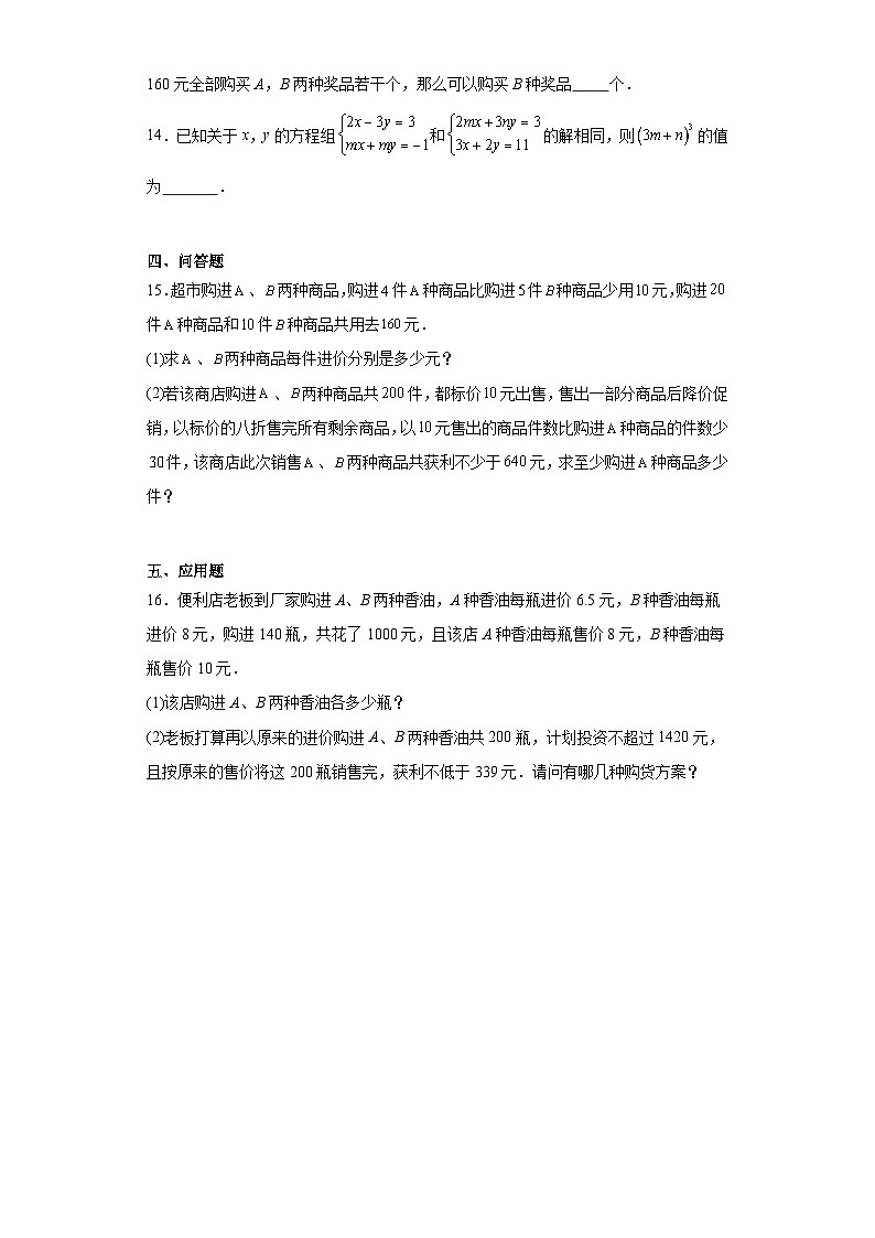 2023-2024学年京改版七年级下册第五章二元一次方程组单元测试卷第3页