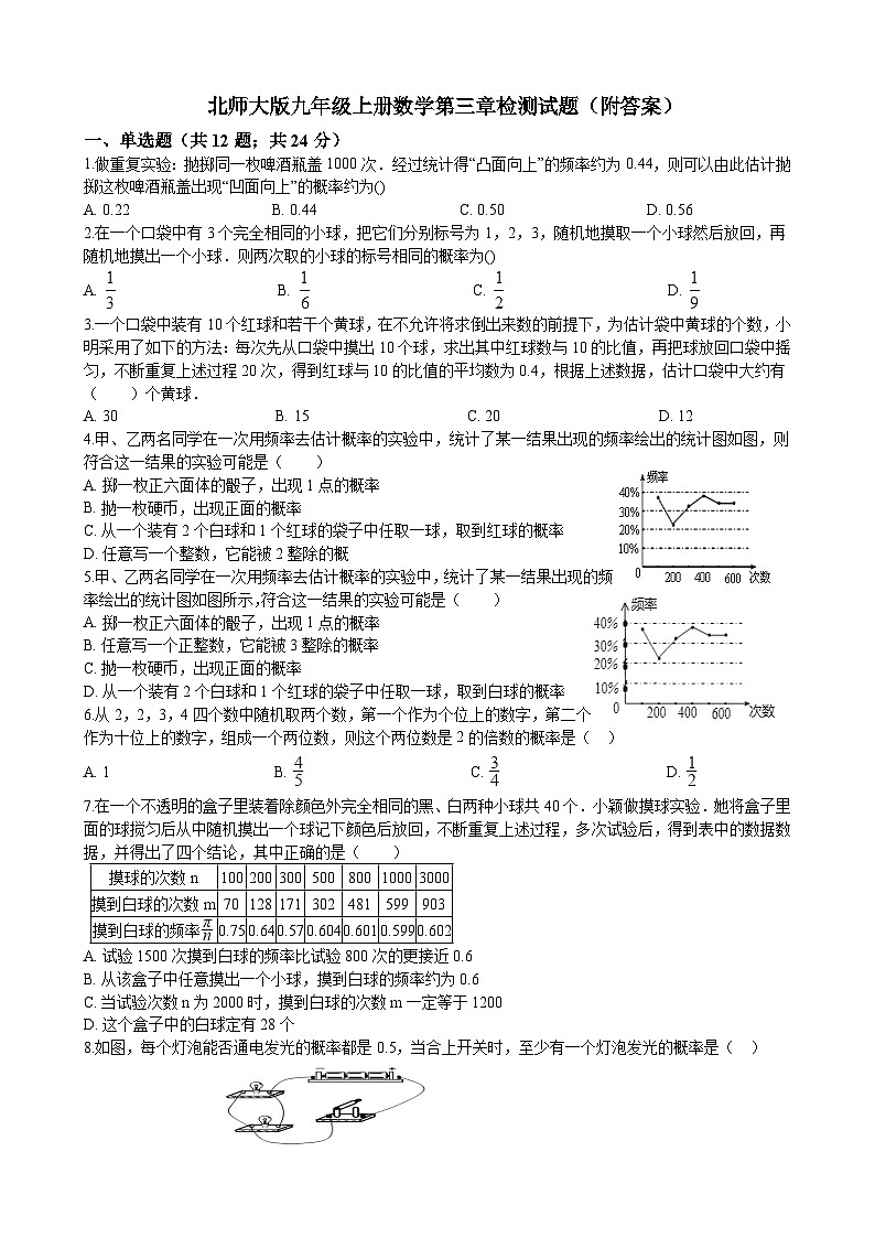 第3章 概率的进一步认识 北师大版数学九年级上册检测试题(含答案)第1页