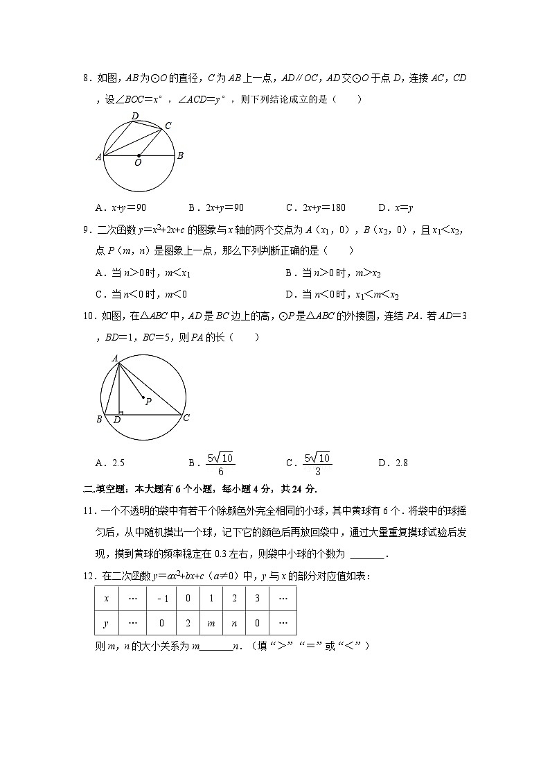 浙江省杭州市西湖区保俶塔实验学校2023—-2024学年上学期九年级期中数学试卷02