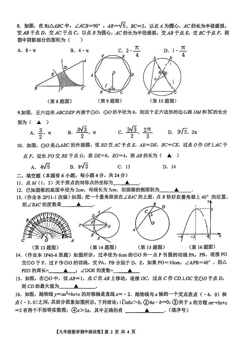 浙江省台州市玉环市实验初级中学2023—2024学年上学期九年级数学期中测试题02