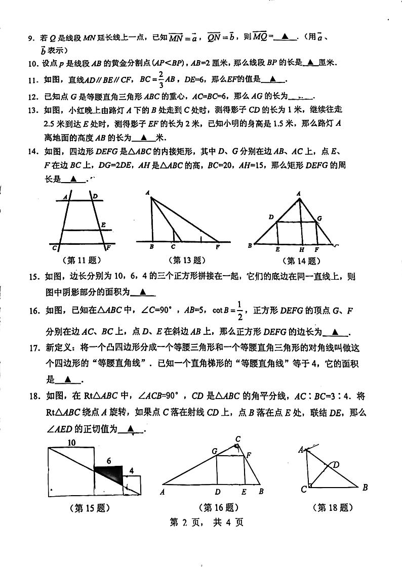 上海市格致初级中学2023—2024学年九年级上学期期中考试数学试题第2页