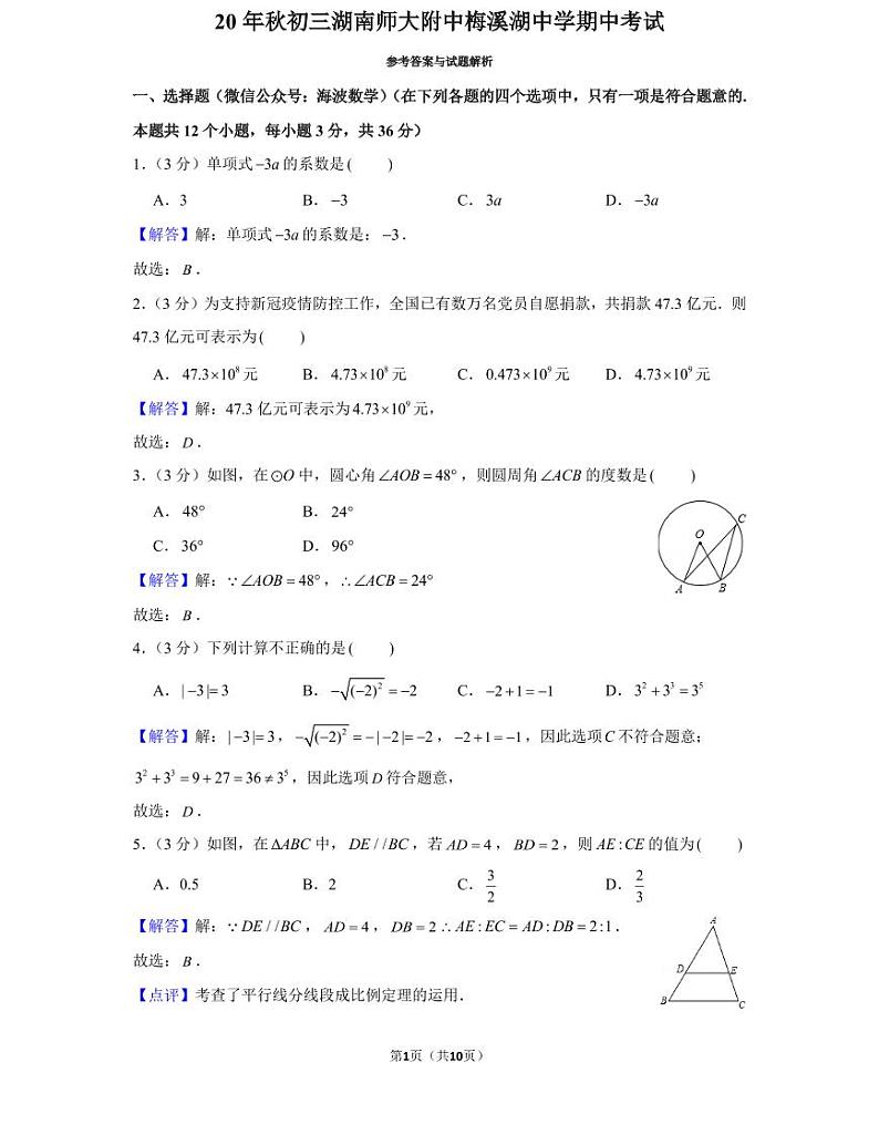 20年秋初三湖南师大附中梅溪湖中学期中考试（教师版）第1页