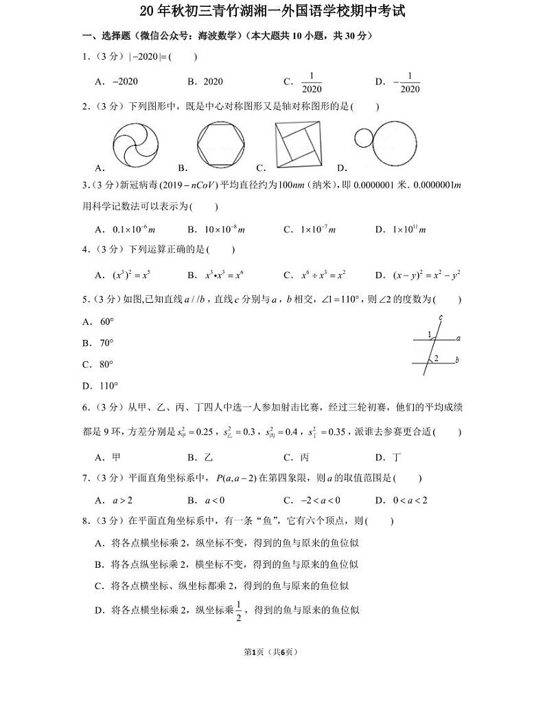 20年秋初三青竹湖湘一外国语学校期中考试（学生版）第1页