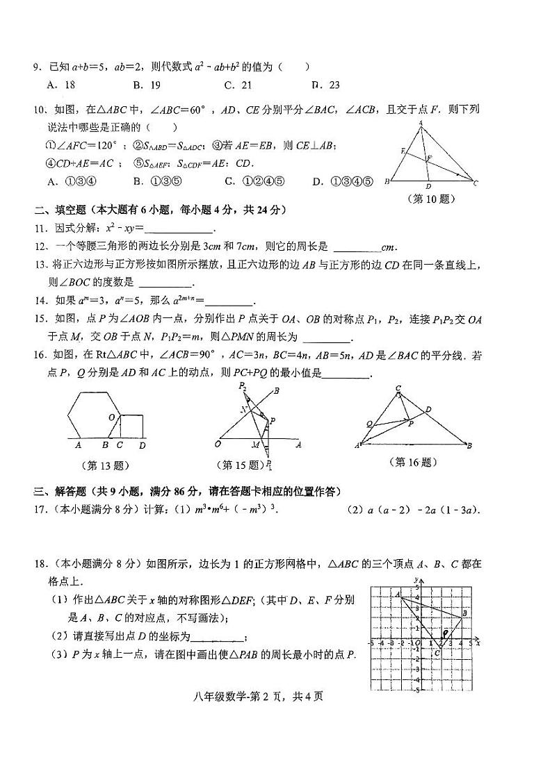 福建省福州市第十九中学2023-2024学年八年级上学期期中数学试卷02