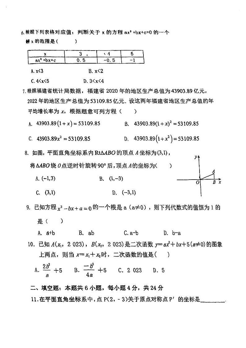 福建省福州市晋安区2023-2024学年九年级上学期期中考数学试卷02