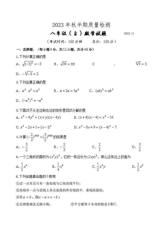 四川省眉山市仁寿县城区2023-2024学年八年级上学期期中考试数学试题第1页