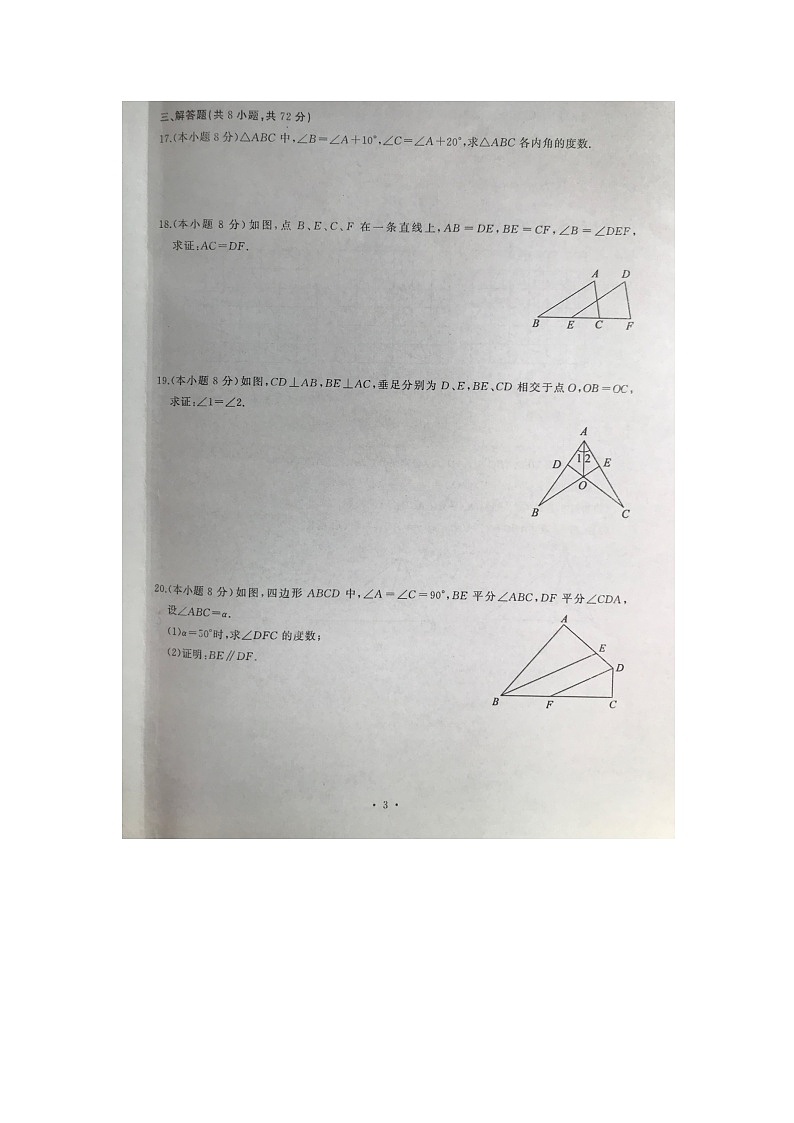 湖北省武汉市江岸区2023-—2024学年八年级上学期11月期中数学试题第3页