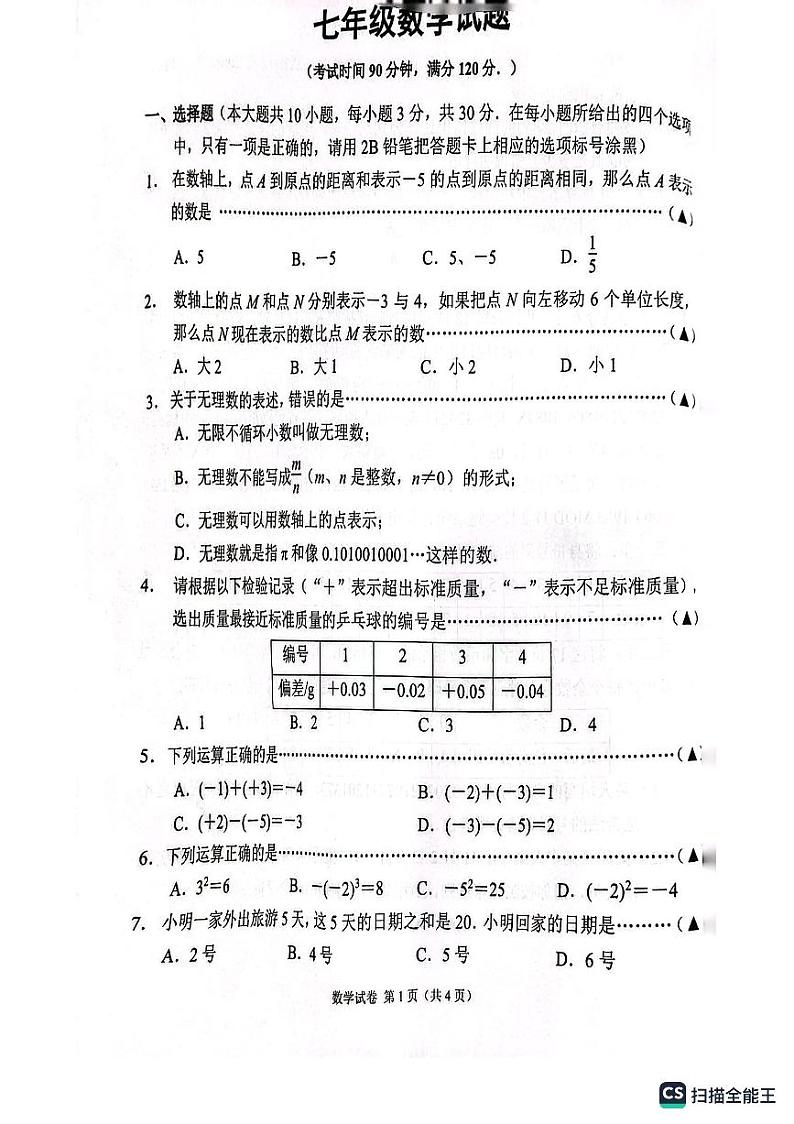 江苏省无锡市梁溪区2023-2024学年七年级上学期11月期中数学试题第1页