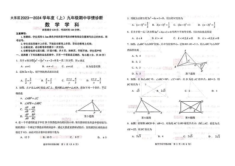辽宁省沈阳市大东区2023-2024学年九年级上学期数学期中试卷01